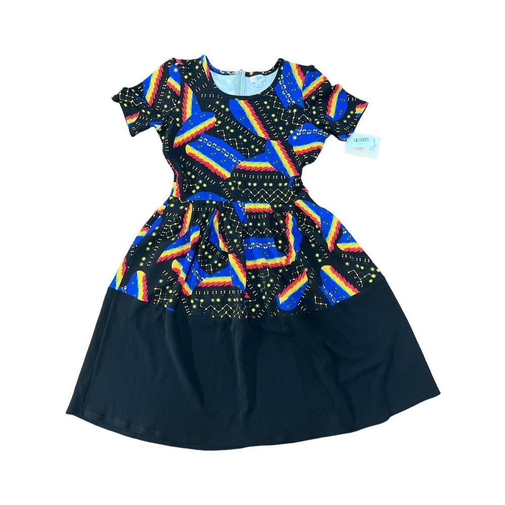 Lularoe L Amelia rainbow bright colorful constellations stars dress NWT